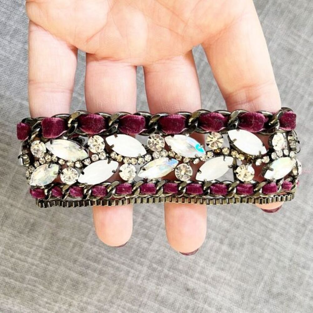 Gunmetal Rhinestone Purple Velvet Adjustable Bracelet Regency Glam Y2K Coquette‎